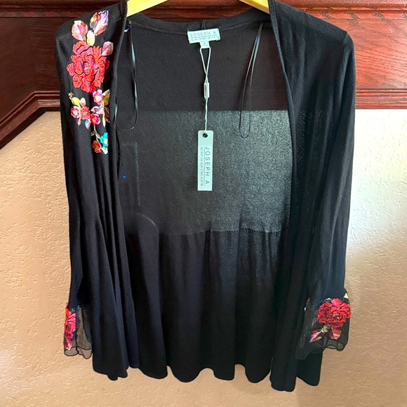 Joseph A Black Sheer Open Cardigan with Red Floral Embroidery Womens Medium NWT - Picture 1 of 6